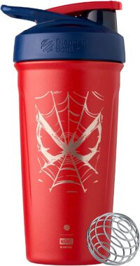 BlenderBottle Marvel Strada Shaker Cup Insulated Stainless Steel Water Bottle with Wire Whisk, 24-Ounce, Spiderman Web