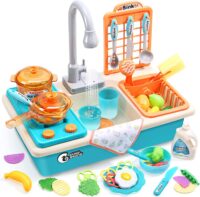 CUTE STONE Play Kitchen Sink Toys with Upgraded Real Faucet, Play Cooking Stove, Cookware Pot and Pan,Play Food, Color Changing Dishes Accessories for Boys Girls Toddlers
