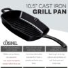 Cuisinel Cast Iron Square Grill Pan with Glass Lid - 10.5 Inch Pre-Seasoned Skillet with Handle Cover and Pan Scraper - Grill, Stovetop, Induction Safe - Indoor and Outdoor Use - for Grilling, Frying, Sauteing