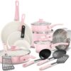 GreenLife Soft Grip Healthy Ceramic Nonstick, 16 Piece Cookware Pots and Pans Set, PFAS-Free, Dishwasher Safe, Soft Pink