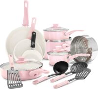 GreenLife Soft Grip Healthy Ceramic Nonstick, 16 Piece Cookware Pots and Pans Set, PFAS-Free, Dishwasher Safe, Soft Pink