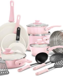 GreenLife Soft Grip Healthy Ceramic Nonstick, 16 Piece Cookware Pots and Pans Set, PFAS-Free, Dishwasher Safe, Soft Pink
