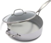 GreenPan Venice Pro Tri-Ply Stainless Steel Healthy Ceramic Nonstick 5QT Saute Pan Jumbo Cooker with Helper Handle and Lid, PFAS-Free, Multi Clad, Induction, Dishwasher Safe, Oven Safe, Silver ( CC002257-001)