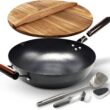 HOME EC Carbon Steel Wok Pan With Lid, Stir Fry Wok Set, Steel Spatula, and Cleaning Brush - Non-Stick Big 12.75