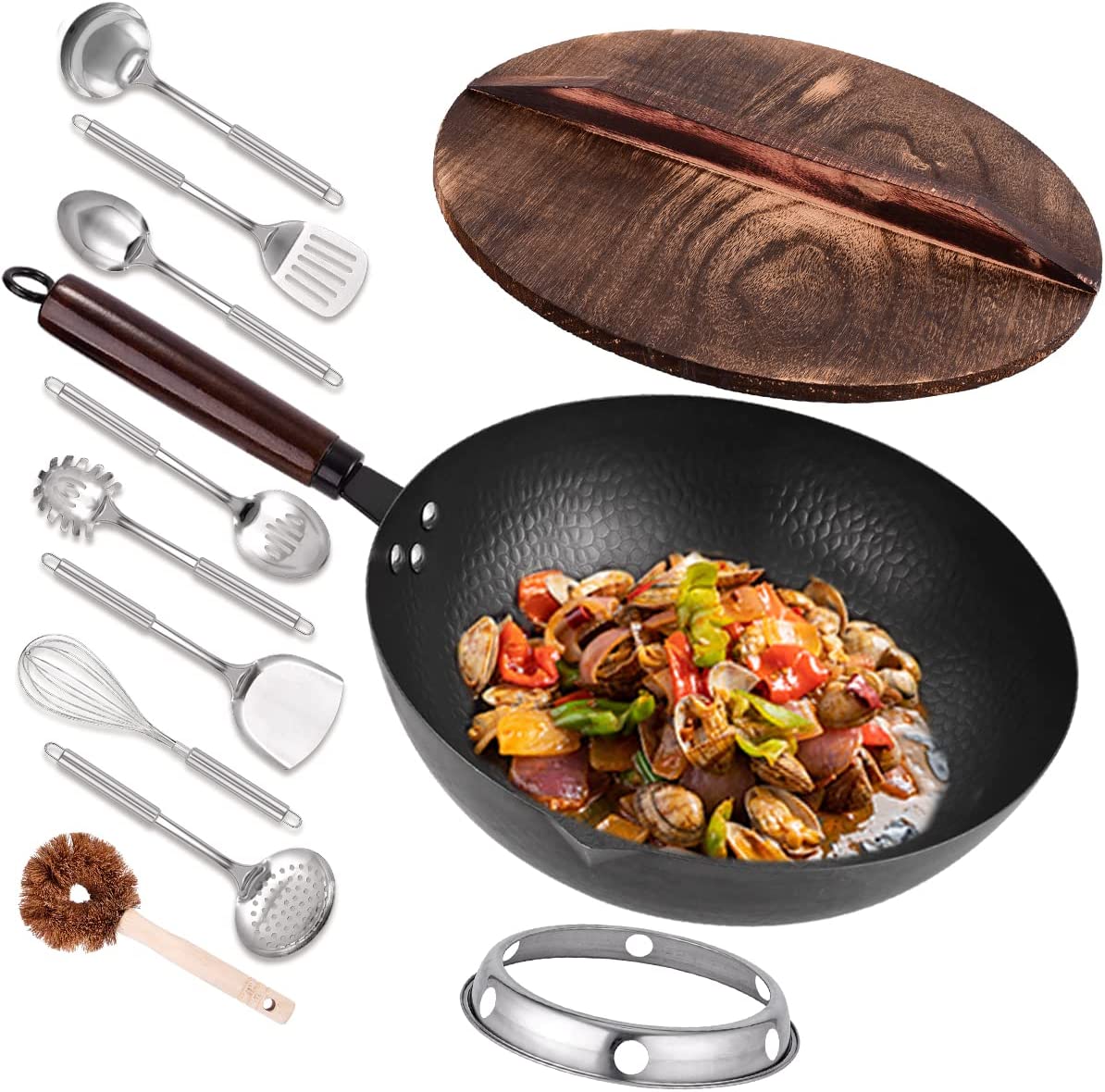 Leidawn 12.8 Carbon Steel Wok - 11pcs Woks and Stir Fry Pans with Wooden Handle and Lid,10 Cookware Accessories,for Electric,Induction and GAS Stoves