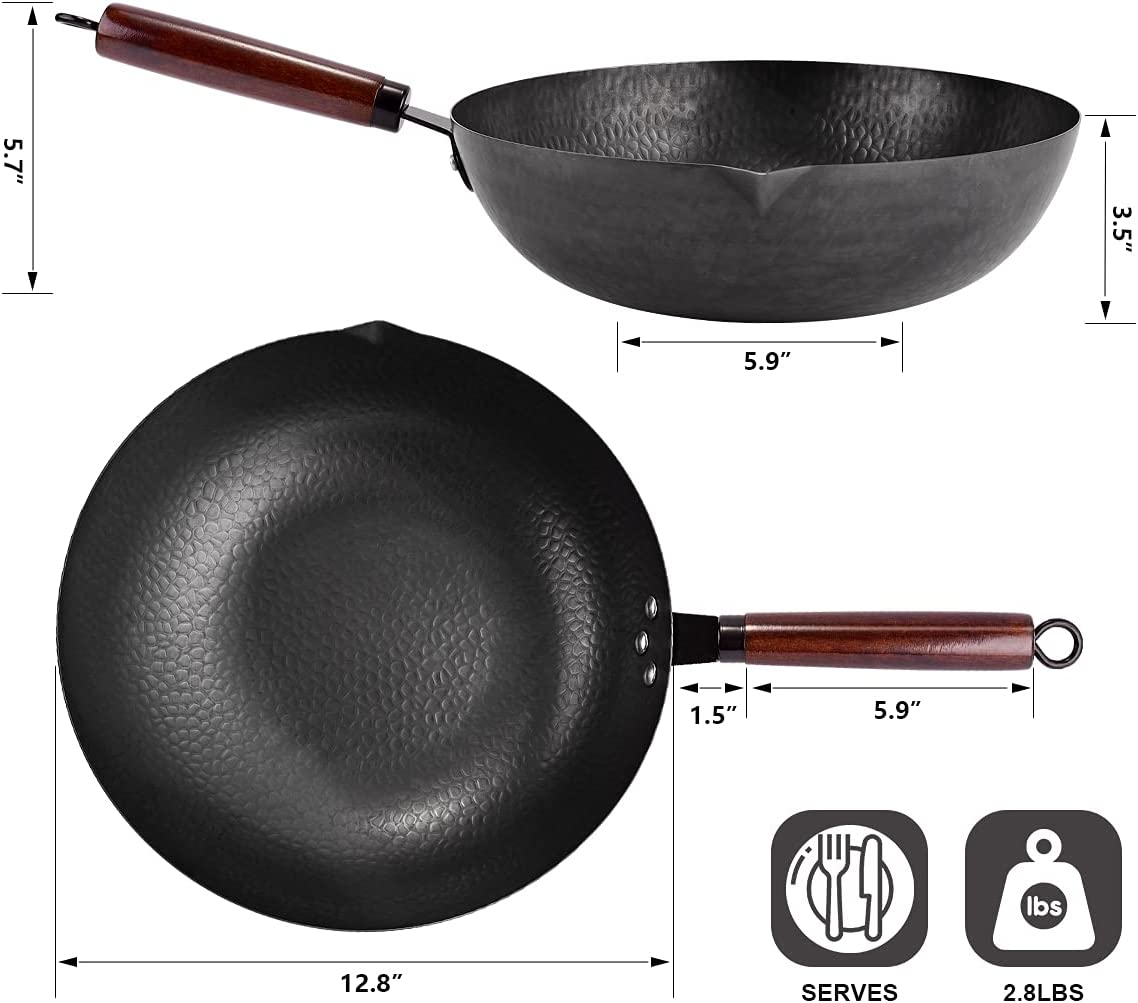 Carbon Steel Wok Pan & Frying Pan Set, 2-PACK Woks & Stir-Fry Pans Set with  Wooden Lid & Cookwares, No Chemical Coated Flat Bottom Chinese Woks Pan
