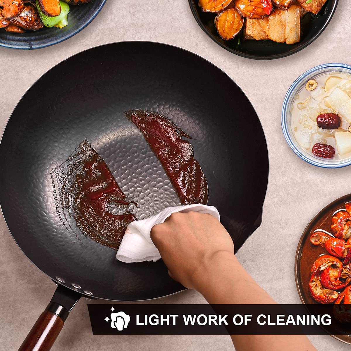 Wok Pan with Lid - 13 Nonstick Wok, Carbon Steel Woks & Stir-Fry Pans Set  with 7 Cookwares, No Chemical Coated Flat Bottom Chinese wok, for Electric