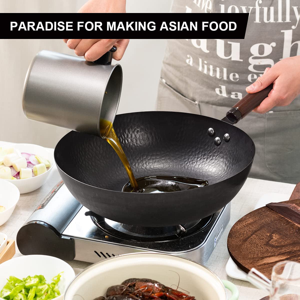 Wok Pan with Lid - 13 Nonstick Wok, Carbon Steel Woks & Stir-Fry Pans Set  with 7 Cookwares, No Chemical Coated Flat Bottom Chinese wok, for Electric