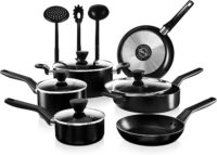NutriChef 13-Piece Nonstick Cookware PTFE/PFOA/PFOS Free Heat Resistant Kitchen Ware Set w/Saucepan, Frying Pans, Cooking Pots, Casserole, Lids, Ladle, Fork, Strainer NCCWA13, Black