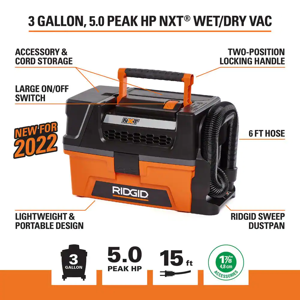 RIDGID 3 Gallon 3.5 Peak HP Portable Wet/Dry Shop Vacuum with Built in Dust  Pan, Filter, Expandable Locking Hose and Car Nozzle, Oranges/Peaches -  Yahoo Shopping