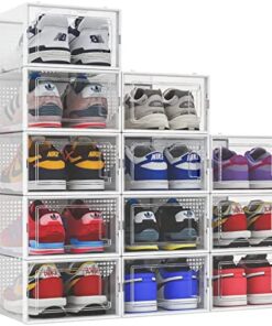 SESENO. 12 Pack Shoe Storage Boxes, Clear Plastic Stackable Shoe Organizer Bins, Drawer Type Front Opening Shoe Holder Containers