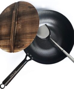 Souped Up Recipes Carbon Steel Wok For Electric, Induction and Gas Stoves (Lid, Spatula and User Guide Video Included)