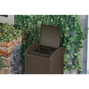 Suncast GH1732J 33 Gallon Can Resin Outdoor Trash Hideaway with Lid Use in Backyard, Deck, or Patio, Brown