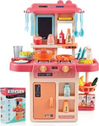 Surefect - Kitchen Play Set with Accessories- Mini Kitchen Set with Realistic Light Sound Steam Simulation- Indoor Games Kitchen Cooking Playset with Water Outlet- Toys for Toddlers Children & Girls