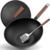 Todlabe Nonstick Wok, 13-Inch Carbon Steel Wok Pan with Lid Woks & Stir-Fry Pans No Chemical Coated Wok with Spatula Flat Bottom Cookware Chinese Wok for Induction, Electric, Gas, Halogen, All Stoves