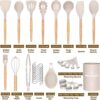 Umite Chef Kitchen Cooking Utensils Set, 33 pcs Non-Stick Silicone Cooking Kitchen Utensils Spatula Set with Holder, Wooden Handle Silicone Kitchen Gadgets Utensil Set (Khaki)