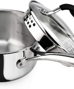 AVACRAFT Tri-Ply Stainless Steel Saucepan with Glass Strainer Lid, Two Side Spouts, Ergonomic Handle, Multipurpose Sauce Pan with Lid, Sauce Pot, Cooking Pot (Tri-Ply Full Body, 1.5 Quart)