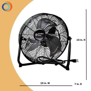 Comfort Zone 12” 3-Speed Cradle/Floor Fan with 180-Degree Adjustable Tilt, All-Metal Construction, Rubber Feet, and Carry Handle, Black