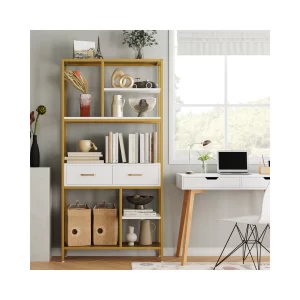 Homfa 5 Tier Bookshelf with Drawer, Metal Frame Tall Bookshelf with Display Shelves and Stands, Dark Brown