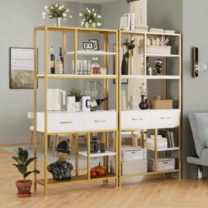 Homfa 5 Tier Bookshelf with Drawer, Metal Frame Tall Bookshelf with Display Shelves and Stands, Dark Brown
