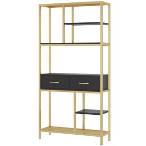 Homfa 5-tier Iron Bookcase with 2 Drawers, Industrial Tall Bookshelf with 7 open storage shelves, Free Standing Display shelf with Metal Frame, Black Gold