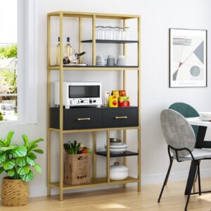 Homfa 5-tier Iron Bookcase with 2 Drawers, Industrial Tall Bookshelf with 7 open storage shelves, Free Standing Display shelf with Metal Frame, Black Gold