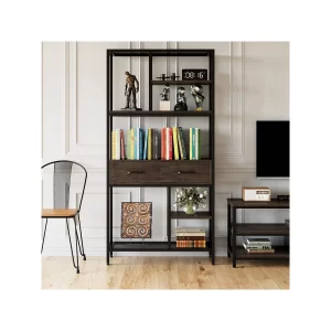 Homfa 5-tier Iron Bookcase with 2 Drawers, Industrial Tall Bookshelf with 7 open storage shelves, Free Standing Display shelf with Metal Frame, Dark Brown