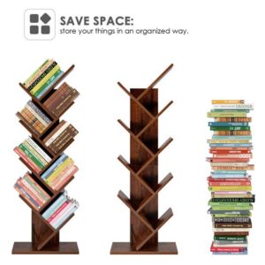 Homfa 9-Tier Tree Bookshelf, Modern Storage Shelf, Floor Bookcase CD Display Rack, Walnut Finish