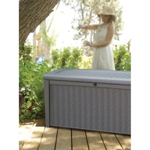 Keter Borneo 110-Gallon Multipurpose Resin Deck Storage Bin Organizing Rattan Wicker Container for Outdoor Equipment and Accessories, Grey
