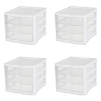 Sterilite 3 Drawer Unit Plastic, White, Set of 4