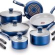 T-fal G918SE64 Initiatives Ceramic Thermo-Spot Heat Indicator Dishwasher Oven Safe Toxic Free Cookware Set, 14-Piece, Blue