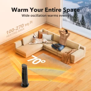 Taotronics Space Heater, 1500W Portable Electric Heater, Fast Quiet Tower Oscillating Ceramic Heater for Office, Desk, Home and Bedroom, with Smart Temperature Control, Remote Control, LED Display