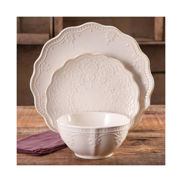 The Pioneer Woman Farmhouse Lace 12 Piece Dinnerware Set Linen