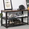 Benjara Vintage Wood and Metal Shoe Rack with 2 Mesh Shelves, Black and Brown