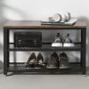Benjara Vintage Wood and Metal Shoe Rack with 2 Mesh Shelves, Black and Brown