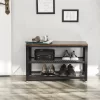 Benjara Vintage Wood and Metal Shoe Rack with 2 Mesh Shelves, Black and Brown