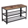 Benjara Vintage Wood and Metal Shoe Rack with 2 Mesh Shelves, Black and Brown
