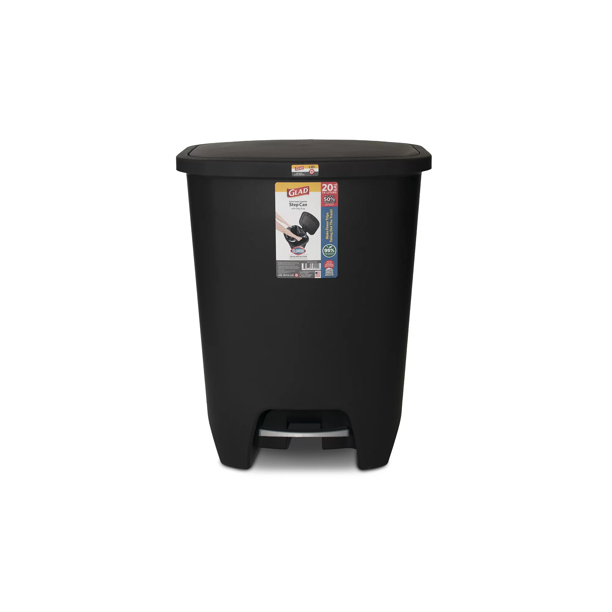 GLAD 20 Gallon Plastic Kitchen Trash Can Step on Garbage Can With Lid & Bag  Ring