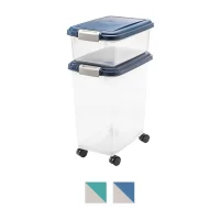IRIS USA 2-Piece WeatherPro Airtight Stackable Dog Cat & Bird Food Pet Food Storage Container Combo & Treat Box, Navy, 35-lbs/45-qt