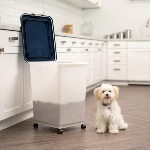 IRIS USA WeatherPro Airtight Dog, Cat, Bird & Other Pet Food Storage Bin Container with Attachable Casters, Navy & Pearl