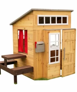 KidKraft Modern Outdoor Wooden Playhouse with Picnic Table, Mailbox and Outdoor Grill, Gift for Ages 3+