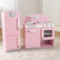 KidKraft Retro Wooden Play Kitchen and Refrigerator 2-Piece Set with Faucet, Sink, Burners and Working Knobs, Pink, Gift for Ages 3+