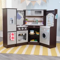 KidKraft Ultimate Corner Wooden Play Kitchen with Lights & Sounds, Play Phone and Curtains, Espresso, Gift for Ages 3+