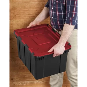 Sterilite 12 Gallon/45 Liter Hinged Lid Industrial Tote, Red Lid (12 Pack)