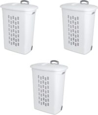 Sterilite 12228003 Ultra Wheeled Hamper, White Lid & Base w/ Plastic Handle & Wheels, 3-Pack