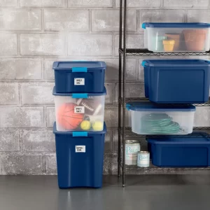 Sterilite 14469606 18 Gallon/68 Liter Latch and Carry, True Blue Lid and Clear Base with Blue Aquarium Latches, (6 Count) Pack of 1