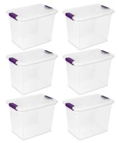 Sterilite 17631706 27 Quart/26 Liter ClearView Latch Box, Clear with Sweet Plum Latches, 6-Pack