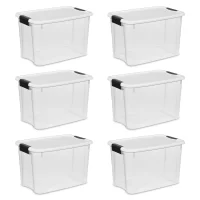 Sterilite 19859806, 30 Quart/28 Liter Ultra Latch Box, Clear with a White Lid and Black Latches, 6-Pack