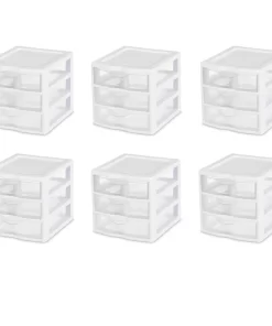 Sterilite 20738006 Small 3 Drawer Unit, White Frame with Clear Drawers, 6-Pack