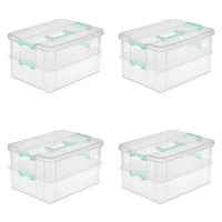 Sterilite Convenient Home 2 Tiered Layer Stack Carry Storage Box, Clear (4 Pack)